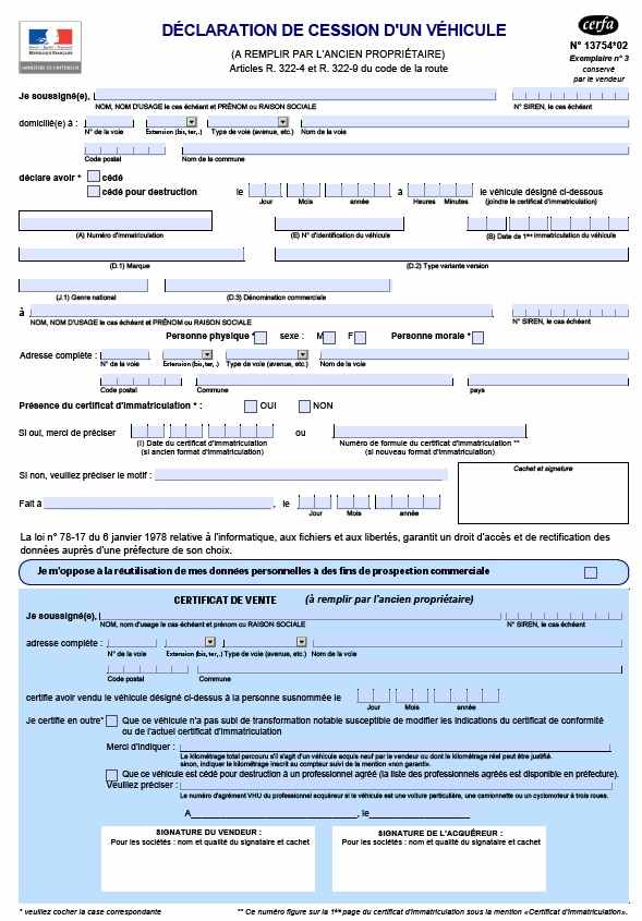 Exemple de dclaration de cession de vhicule, remplissez votre